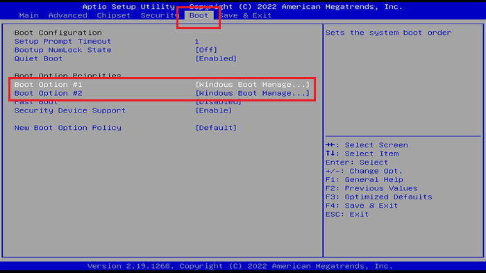 「BOOT」のタブに移動して操作する